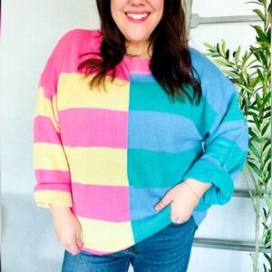 Haptics Pink and Blue Striped Color Block Knit Sweater